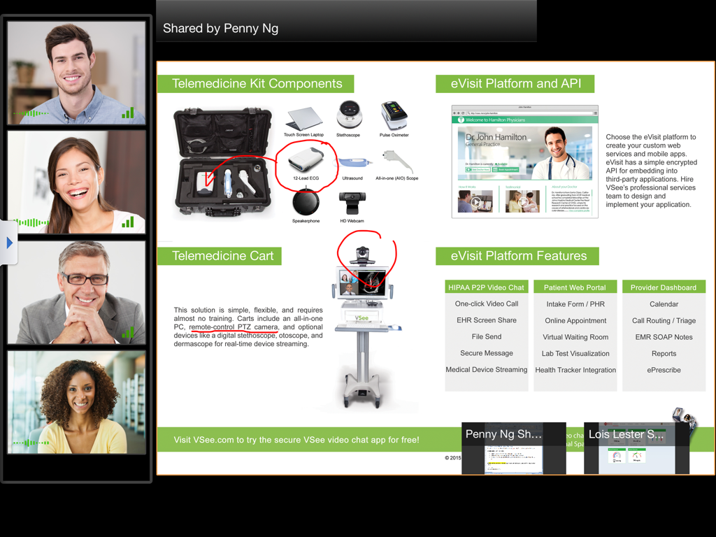 VSee Messenger for iPad - Five way video call on VSee Messenger for iPad with a shared telemedicine presentation