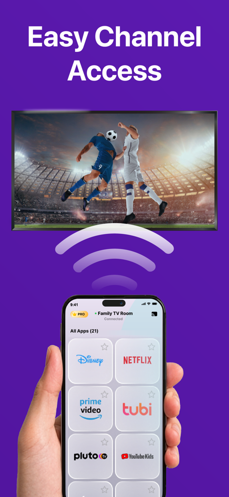 Universal TV Remote・TV Control - A hand holding an iPhone using the Universal TV Remote app to access streaming services like Netflix and Disney Plus on a smart TV.
