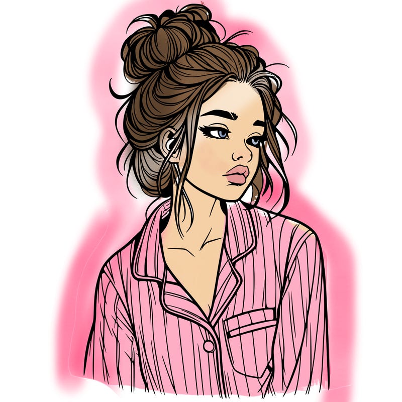 realistic woman with pajamas on and a messy bun