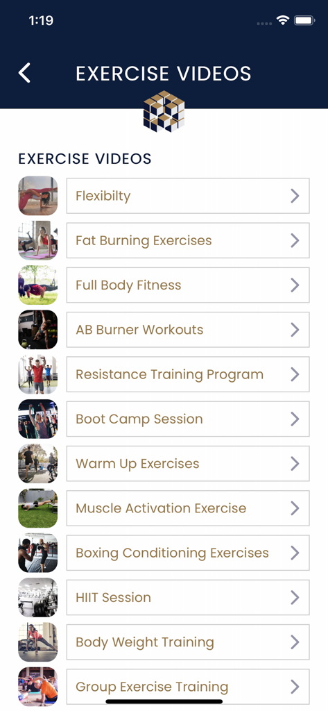 My Company Wellness - Mobile screen displaying a list of exercise video categories including HIIT, boxing, and body weight training