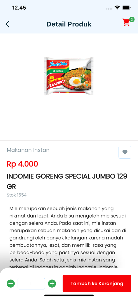 Indomie Goreng 제품 세부 정보 및 장바구니 담기 버튼을 보여주는 Yoline 앱의 모바일 앱 스크린샷