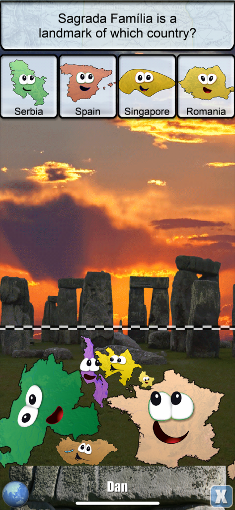 Stack the Countries® - Un quiz di geografia mondiale che chiede informazioni sul monumento della Sagrada Familia con personaggi di paesi animati