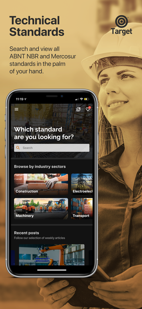 Target GEDWeb - Target GEDWeb mobile app interface showing technical standards search and industry sector browsing for engineers