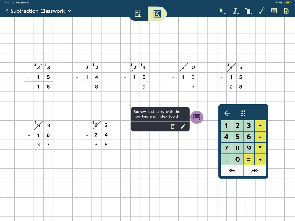Modmath - Digital graph paper in the Modmath app showing subtraction equations with borrowing and carrying marks.