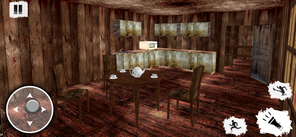 Scary Granny House Escape Game - Interior view of a creepy kitchen with bloodstained walls and a dining table in the Scary Granny House Escape Game.