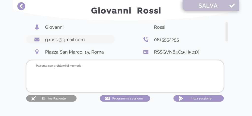hOLDer - 연락처 정보와 세션 옵션을 표시하는 hOLDer 앱의 환자 프로필 관리 화면