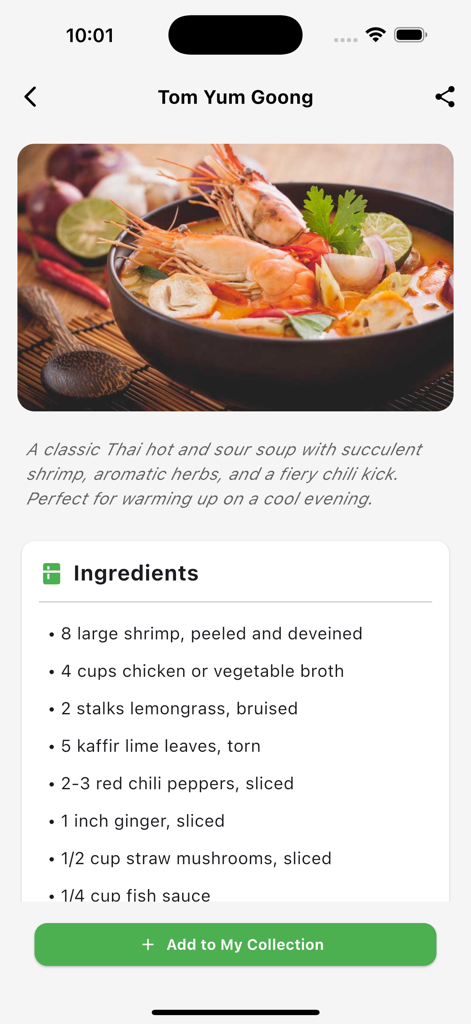 AI Food Recipe Identifier - Recette détaillée de la soupe thaï Tom Yum Goong avec une liste d'ingrédients sur une interface d'application mobile