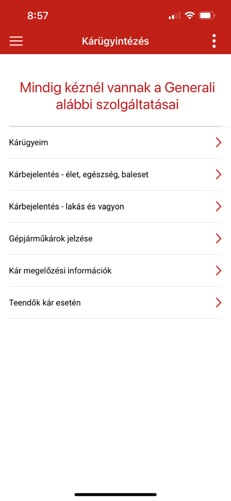 Generali Ügyfélpont - 保険金請求管理および報告オプションを示すGenerali Ugyfelpontアプリの画面