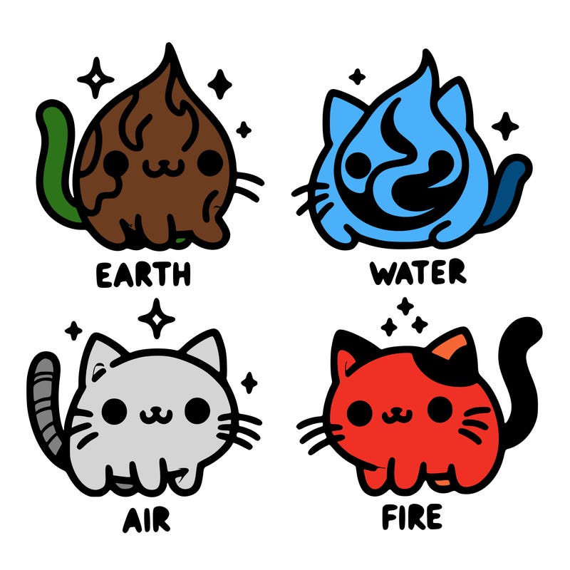 4 cats that represent the different elements, earth, water, air, and fire