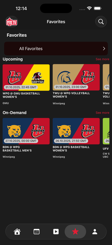 CanadaWest.TV - The favorites screen of the CanadaWest TV mobile app displaying upcoming and on-demand collegiate sports games like basketball and volleyball.