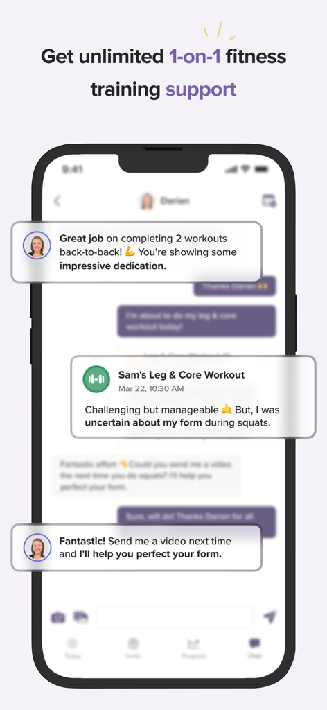 trainwell - Trainwell app interface showing a chat between a user and a personal trainer for one on one fitness support