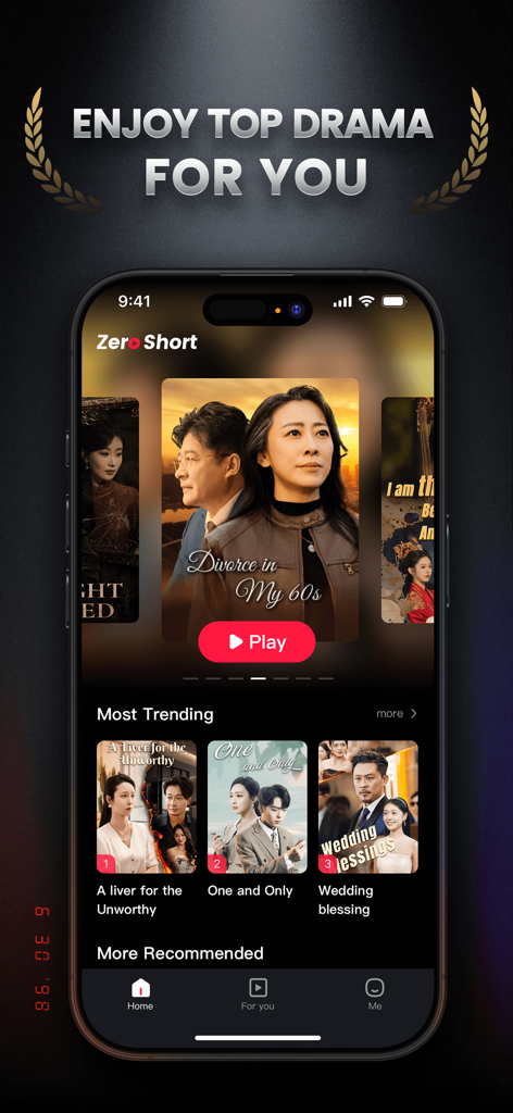 ZeroShort app interface displaying trending short drama series including Divorce in My 60s.