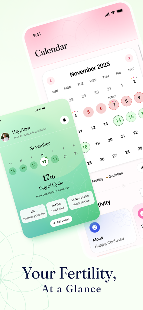 Interface of the iChums period tracker app showing a fertility calendar and menstrual cycle dashboard