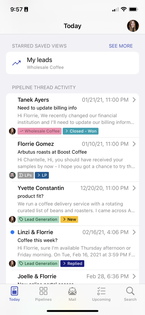 Streak CRM mobile app Today view showing recent pipeline activity and lead status