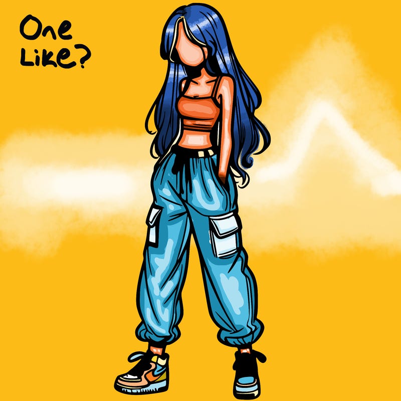 girl in baggy pants crop top and long hair