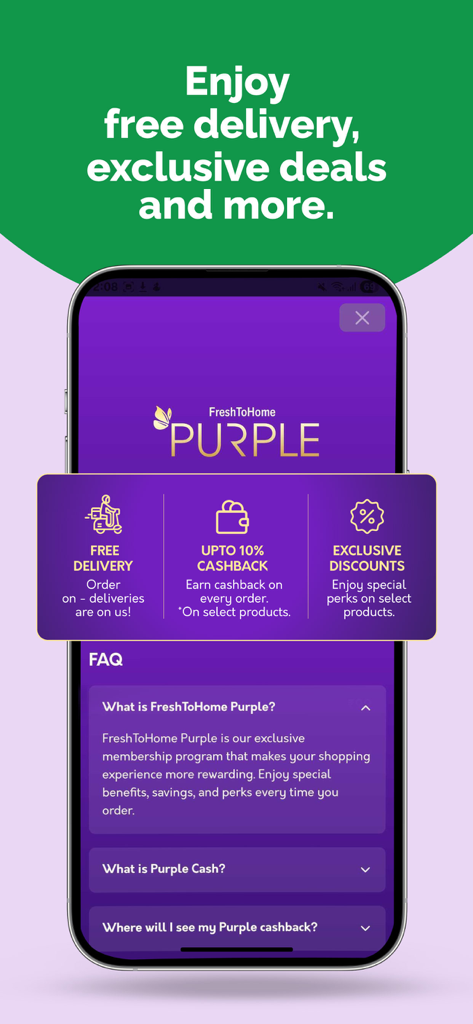 Smartphone screen showing FreshToHome Purple membership benefits including free delivery and cashback