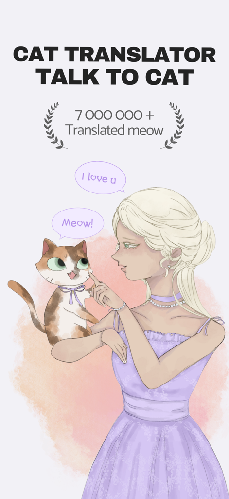 An illustration of a woman telling her cat I love you with a meow translation bubble