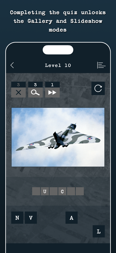 Guess the Military Aircraft - Guess the Military Aircraft gameplay screen showing an Avro Vulcan bomber puzzle at level 10