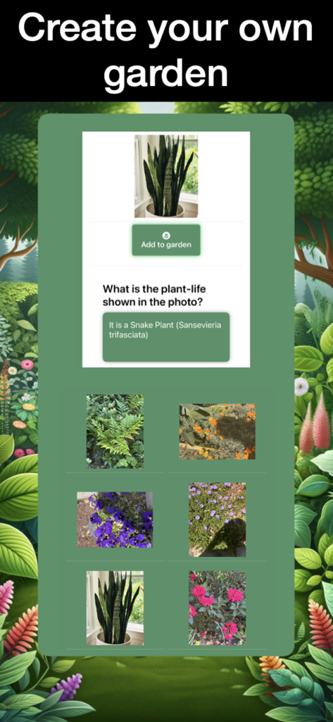 Leafy - AI Plant Identifier - Leafy app interface showing the Create your own garden feature with a gallery of identified plants like the Snake Plant