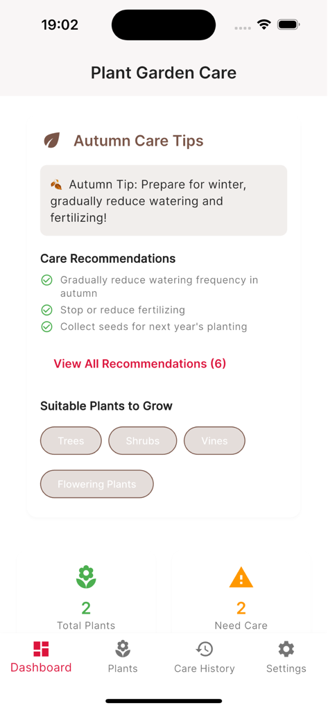 Comp Study: Gardening Life - Panel de la aplicación Gardening Life mostrando consejos de cuidado de otoño de temporada y recordatorios de mantenimiento de plantas.