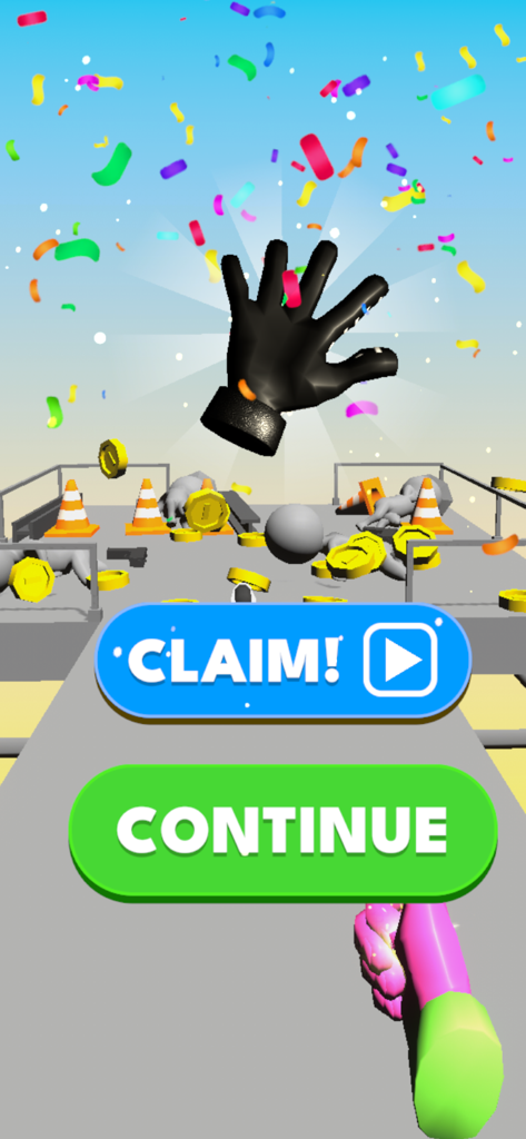 Magic Finger 3D level completion screen with claim and continue buttons and falling confetti
