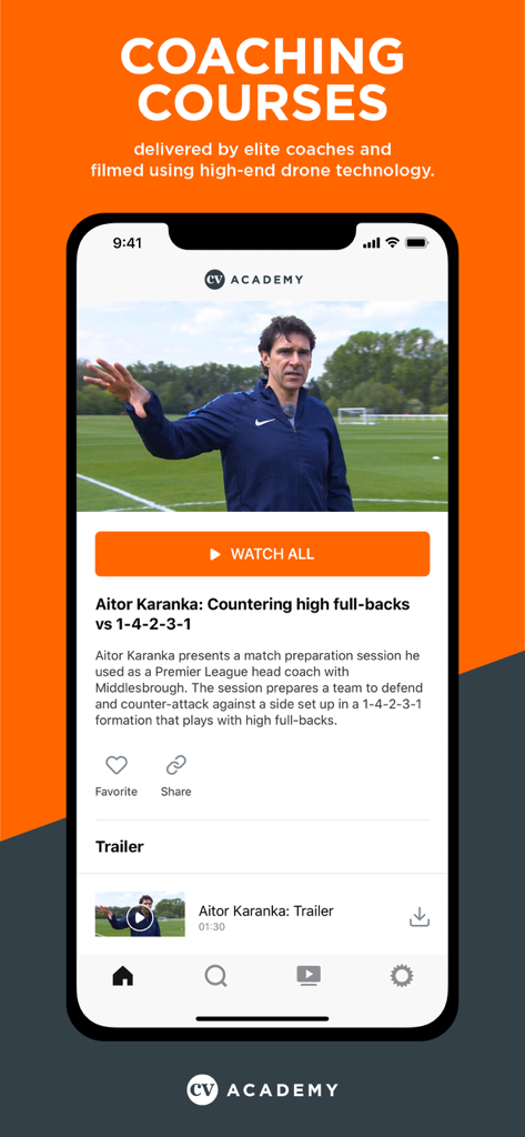 CV Academy mobile app showing a tactical soccer coaching course by Aitor Karanka about countering high full-backs.