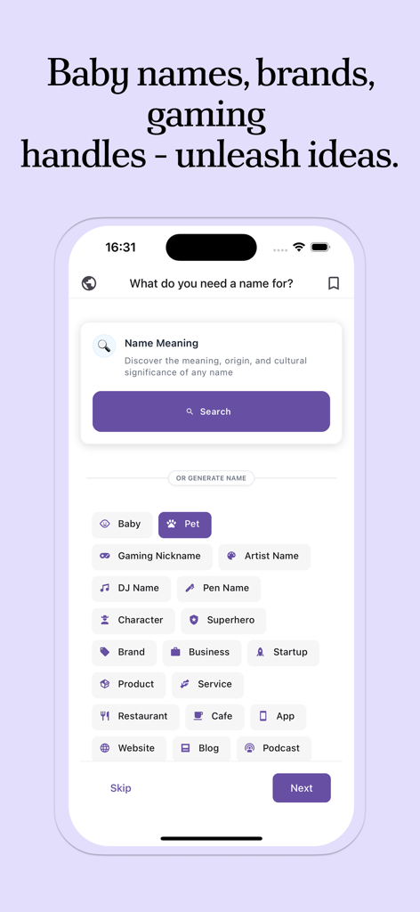 Name Generator: For Anything - Interfaz de la aplicación generadora de nombres de IA mostrando la selección de categorías para mascotas de negocios y juegos de bebés