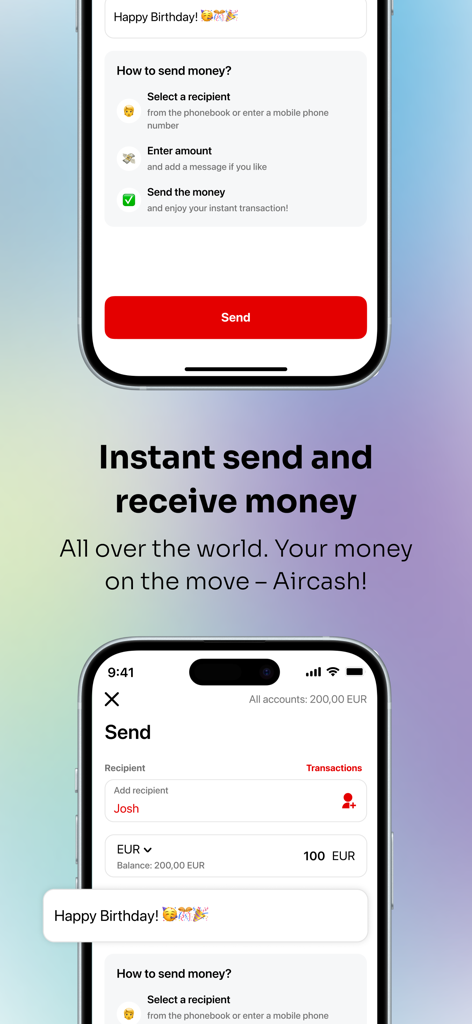 Aircash app interface showing how to send money instantly with a mobile money transfer screen