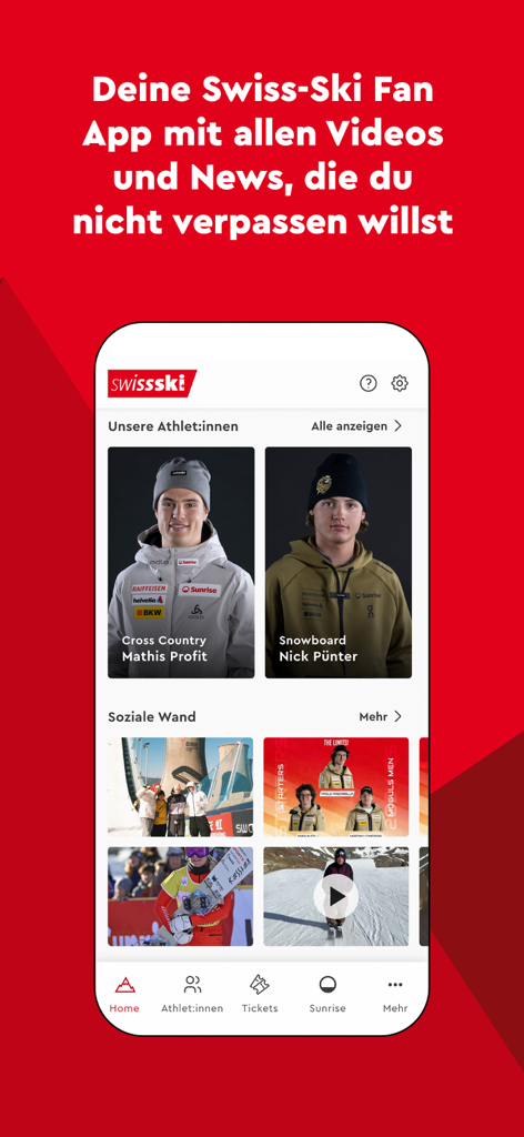 Swiss-Ski - Swiss-Ski app home screen featuring athlete profiles and social gallery feed
