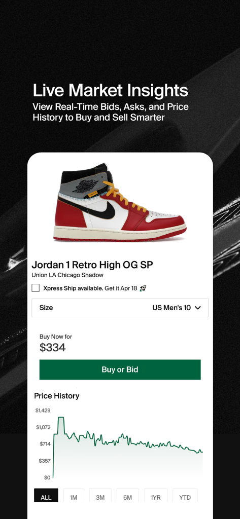 StockX mobile app displaying real-time price history and market insights for Jordan 1 Retro sneakers