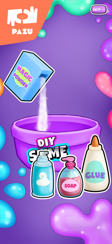 Slime Maker Games For Kids - Interfaz de fabricación de slime de bricolaje con ingredientes como pegamento, jabón y polvo mágico vertidos en un bol morado