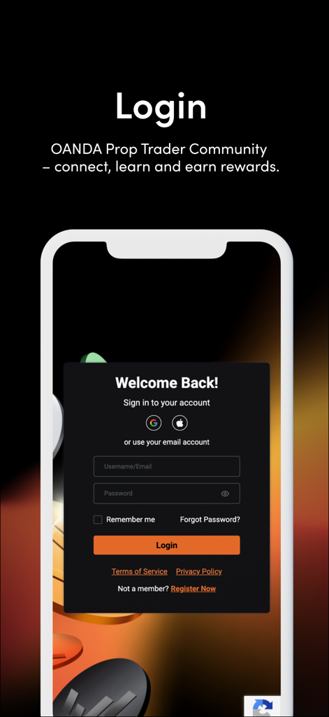 OANDA Prop Trader Community - Login interface of the OANDA Prop Trader Community mobile application.