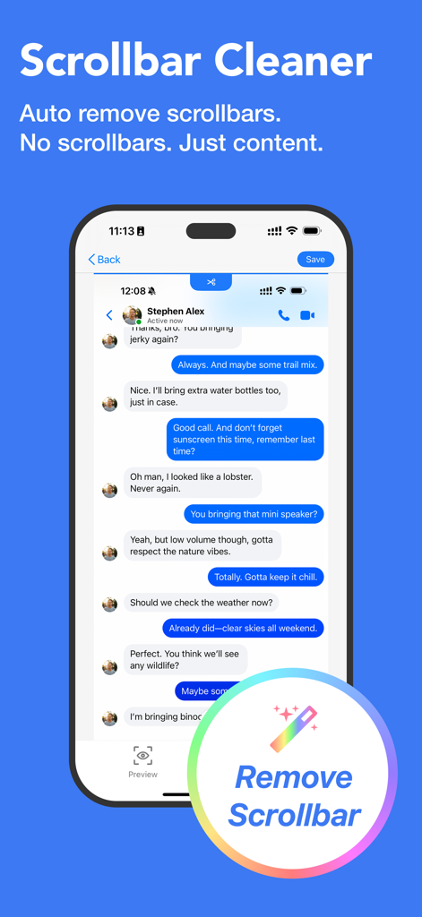 Zeta Stitch app interface showing the automatic scrollbar removal feature for clean chat screenshots