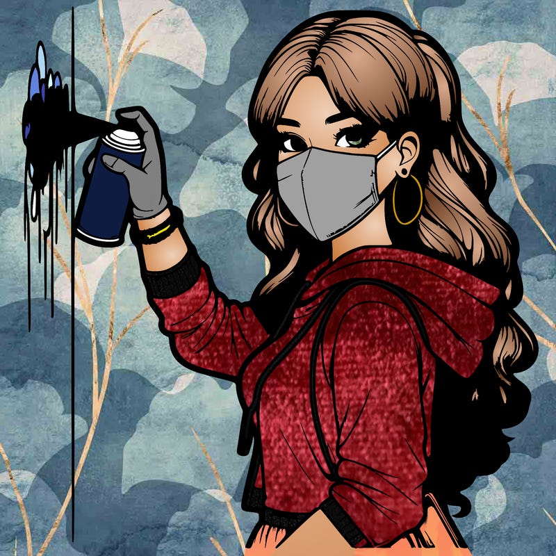 realistic girl with mask spray painting a wall