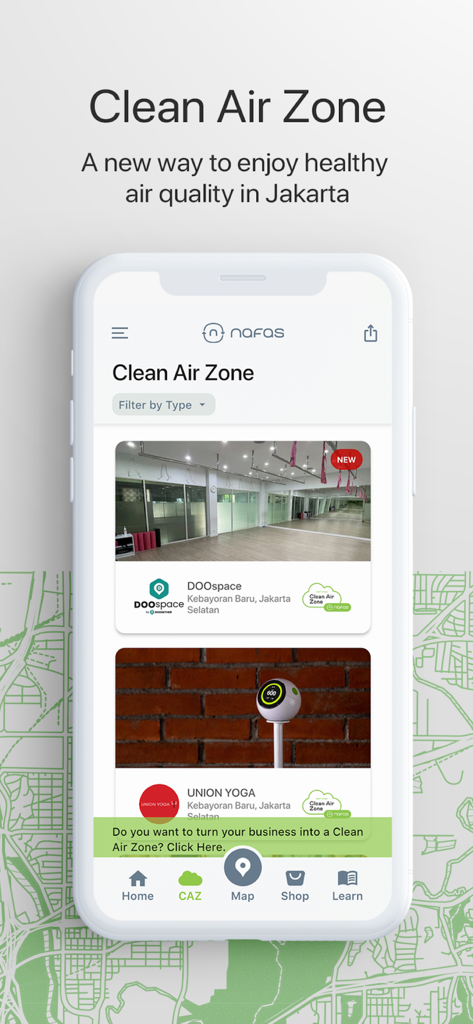 Interfaz de la aplicación móvil Nafas Indonesia que muestra un directorio de ubicaciones de aire saludable certificadas en Yakarta.