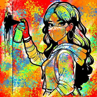 realistic girl with mask spray painting a wall