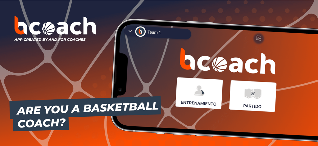 Pantalla principal de la aplicación de entrenamiento de baloncesto Bcoach que muestra opciones de gestión de entrenamiento y partidos en un teléfono móvil