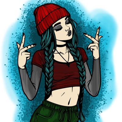 realistic teenage girl with braids and a beanie and crop top doing 🫶🏼