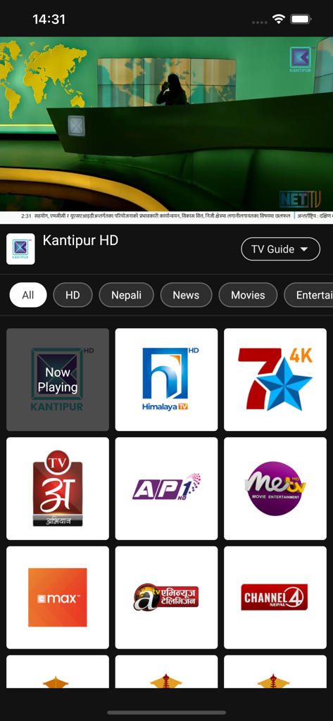 NetTV - NetTV app interface showing a live news broadcast from Kantipur HD and a grid of Nepalese television channels