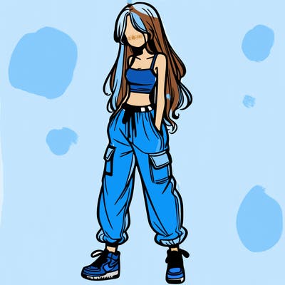 girl in baggy pants crop top and long hair