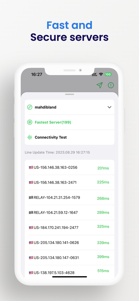 V2Lite VPN 앱 인터페이스에 밀리초 단위의 지연 시간으로 사용 가능한 미국 서버 목록이 표시됩니다.