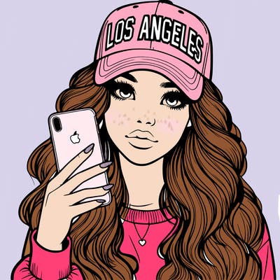 realistic beautiful girl wearing los ángeles cap holding an iphone