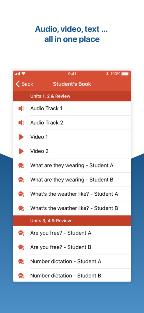 Un elenco di tracce audio, video ed esercizi di testo all'interno dell'app Helbling Media
