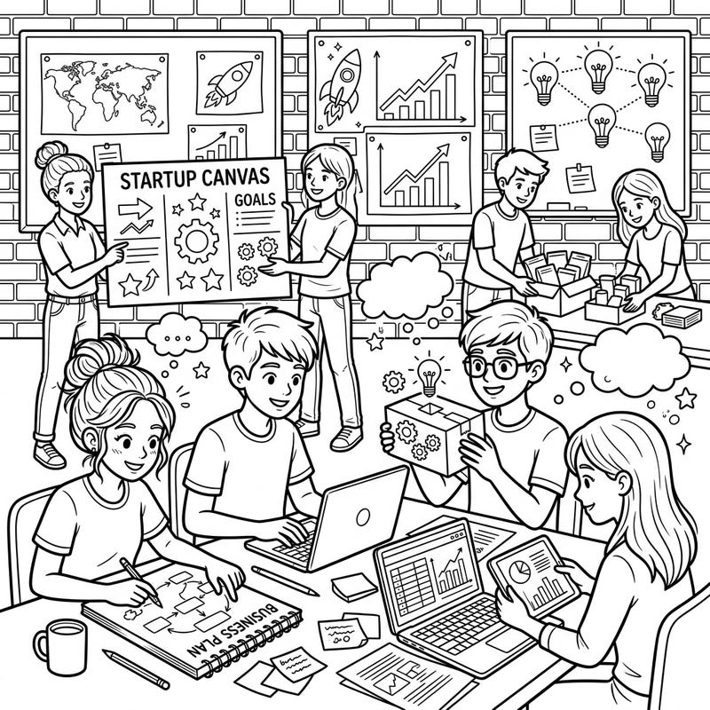 Celebrate the spirit of innovation and collaboration with this dynamic coloring page featuring teenage entrepreneurs. Perfect for aspiring young minds to visualize their big business dreams.