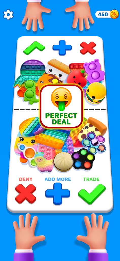Fidget Trading 3D: Pop It Toy - In-game screen showing a successful fidget toy trade with a Perfect Deal message