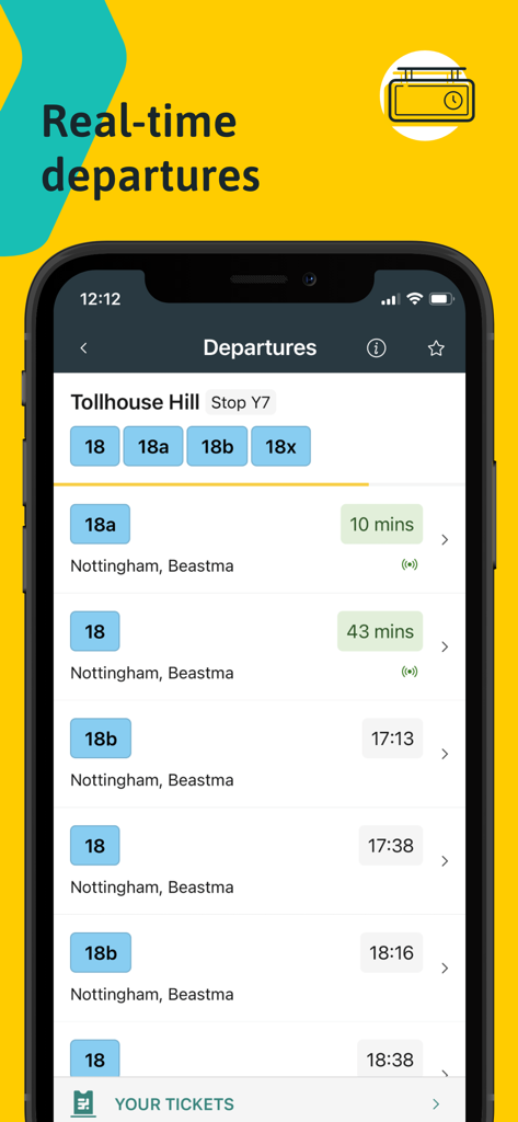 myTrip by Passenger - Schermata dello smartphone che mostra gli orari di partenza degli autobus in tempo reale e gli orari nell'app myTrip