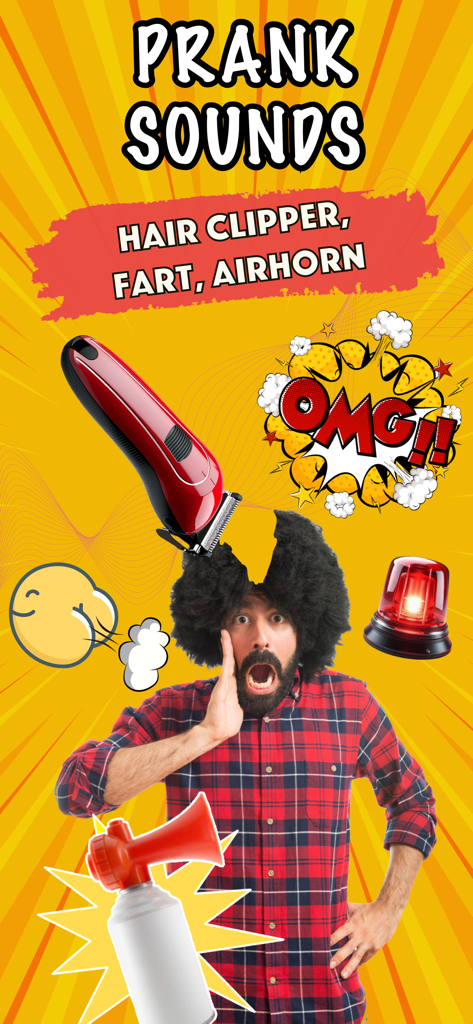 Fart Noise & Funny Fart Sounds - Funny prank sounds app banner featuring hair clipper, fart, and air horn sound effects.