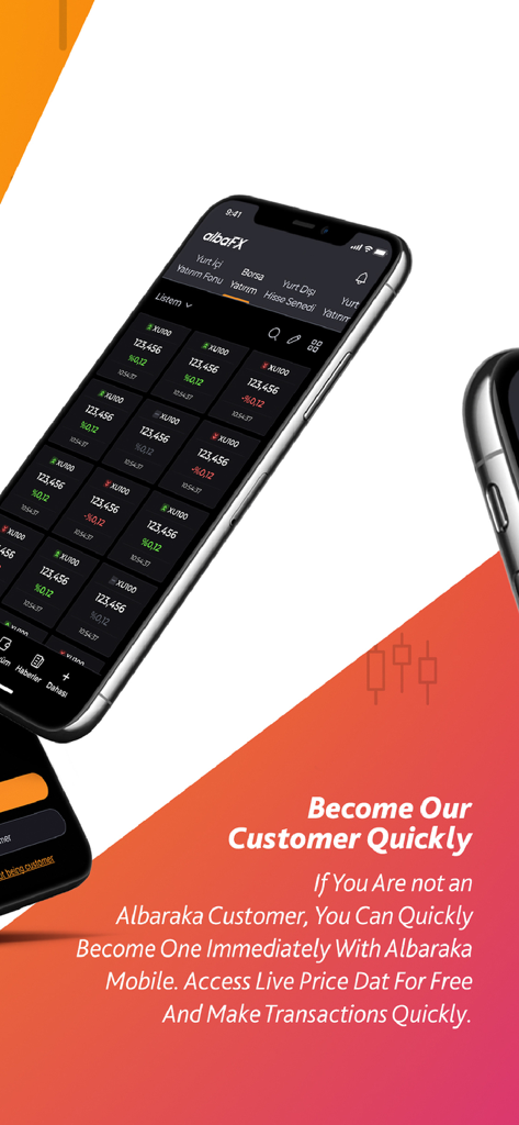 albaFX - Smartphone displaying the albaFX trading app interface with live market data and onboarding information