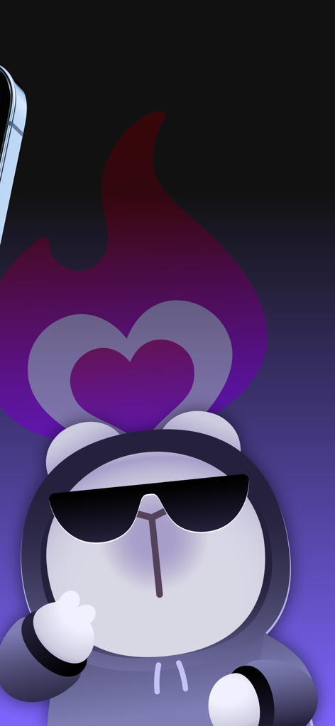Bare Live mascot character wearing sunglasses and a hoodie with a flaming heart above its head