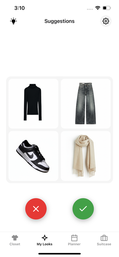 AI Dresser: Outfit Planner - Interface of AI Dresser app displaying outfit recommendations including a black top jeans sneakers and a scarf with accept or reject buttons